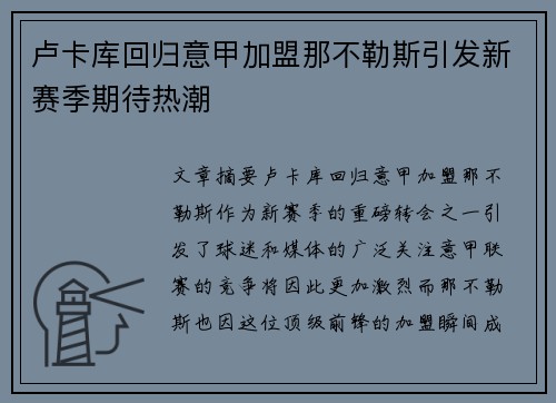 卢卡库回归意甲加盟那不勒斯引发新赛季期待热潮